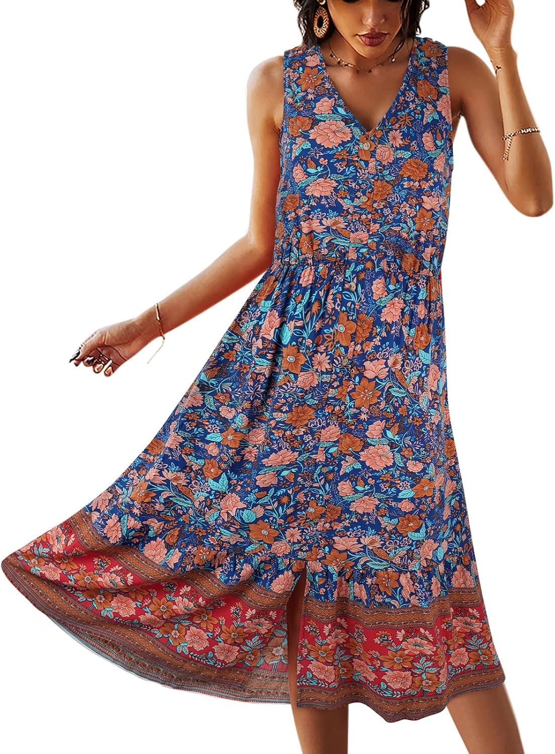 Women Dress Summer Sleeveless Bohemian: Floral V Neck Button down Flowy Boho Dresses S-XL