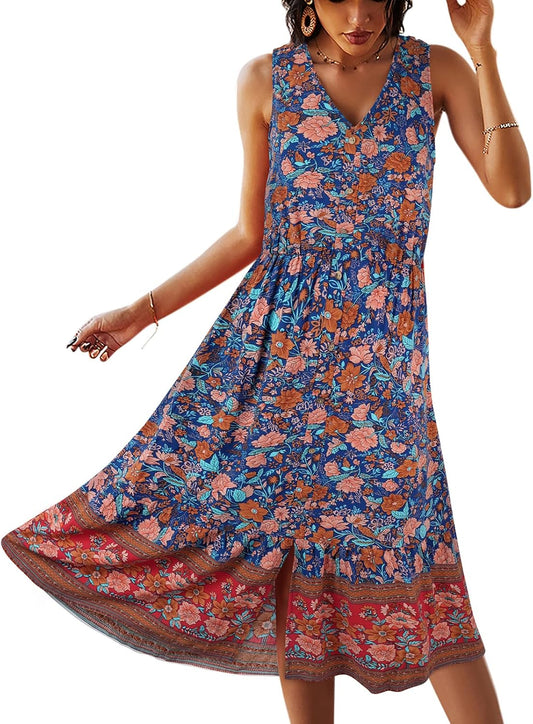Women Dress Summer Sleeveless Bohemian: Floral V Neck Button down Flowy Boho Dresses S-XL